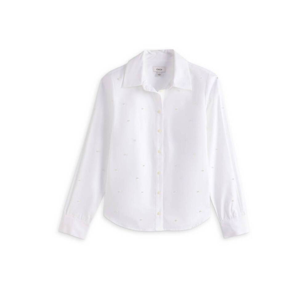 NEW CECE women's nadya pearl embellished button down shirt in ultra white